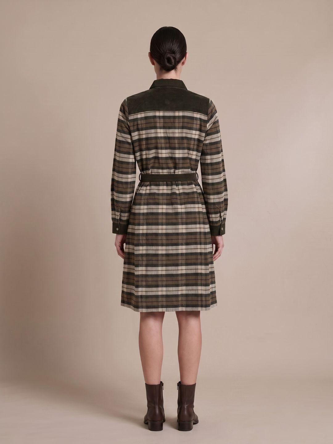 Iconic Women Green Straight Fit Checked Cotton Shirt Dress