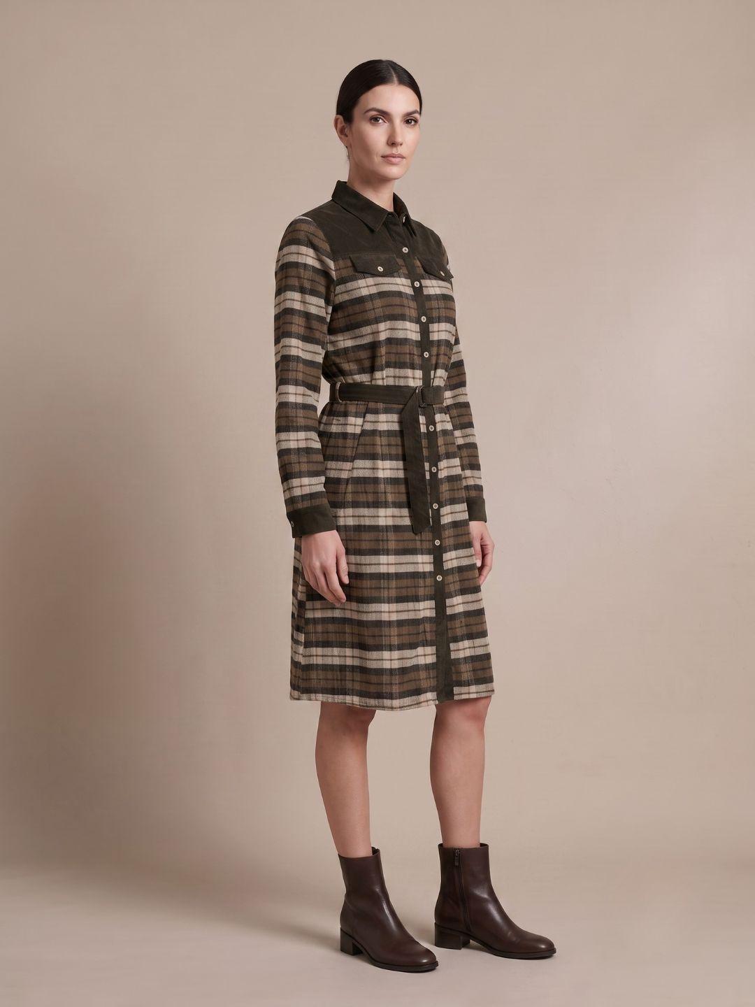 Iconic Women Green Straight Fit Checked Cotton Shirt Dress