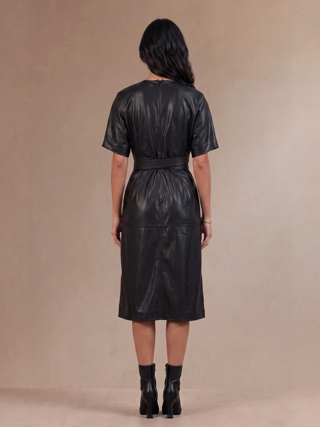 Iconic Women Black Solid Straight Fit PU Leather Dress with Belt