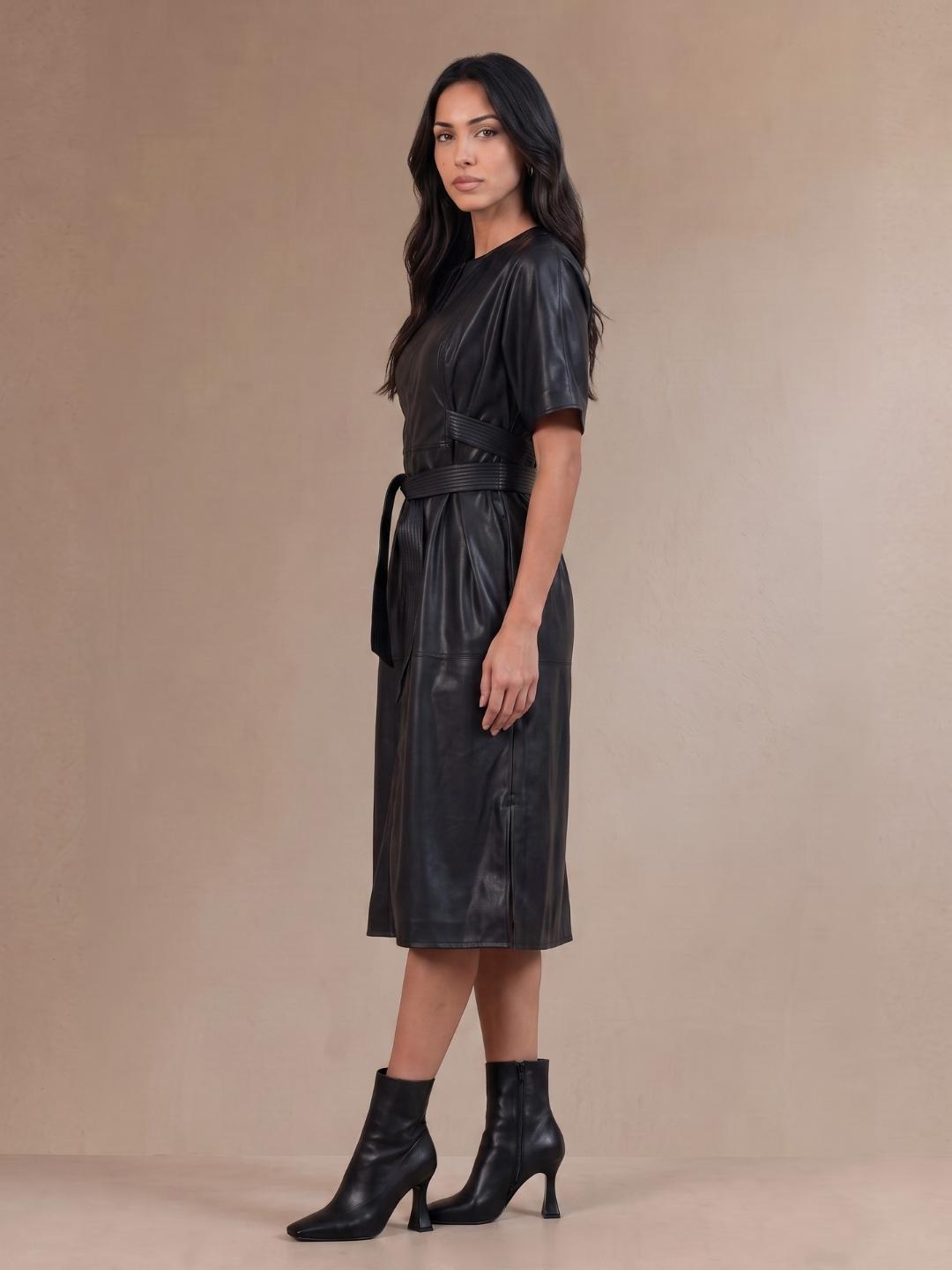 Iconic Women Black Solid Straight Fit PU Leather Dress with Belt