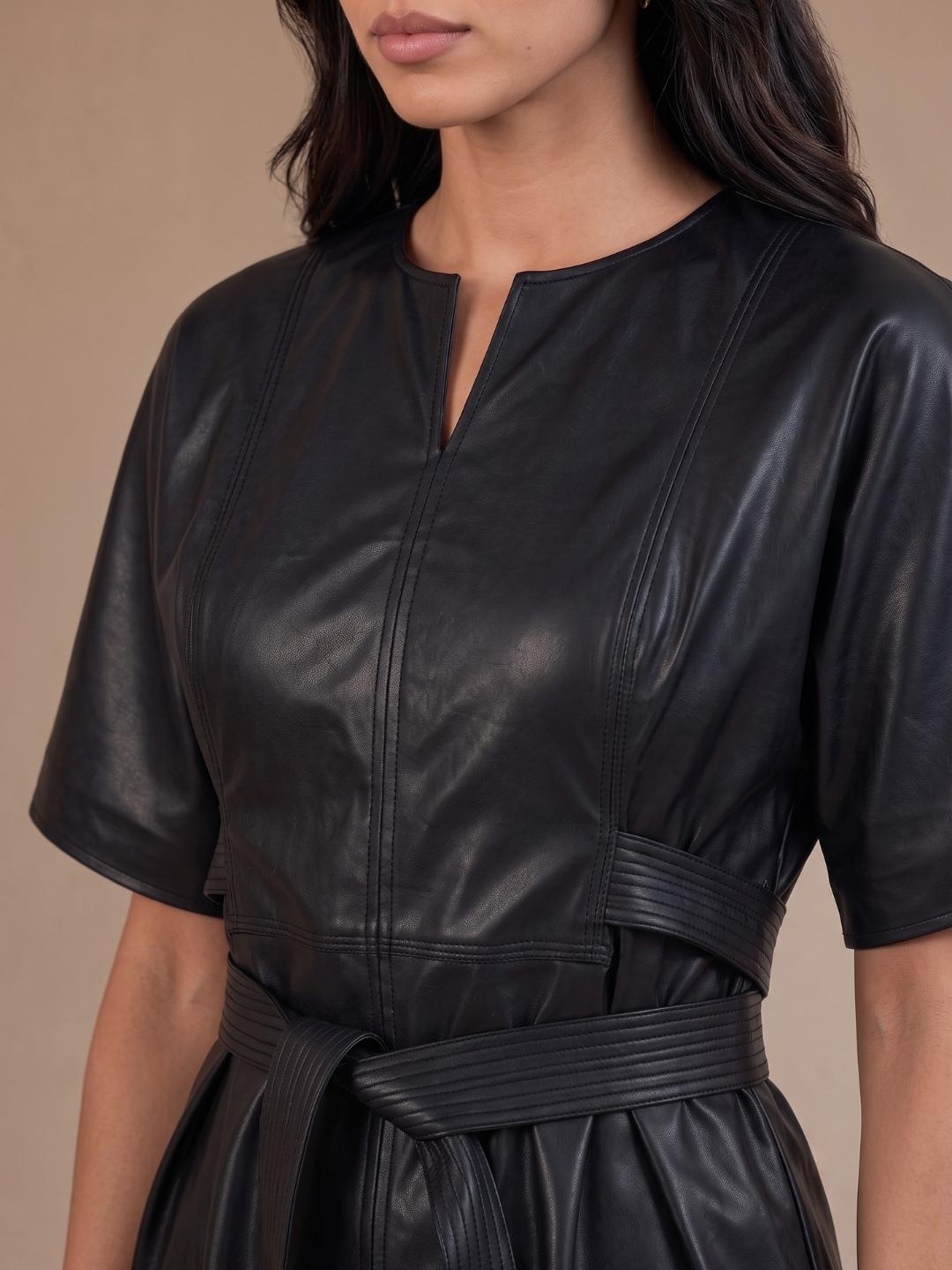 Iconic Women Black Solid Straight Fit PU Leather Dress with Belt