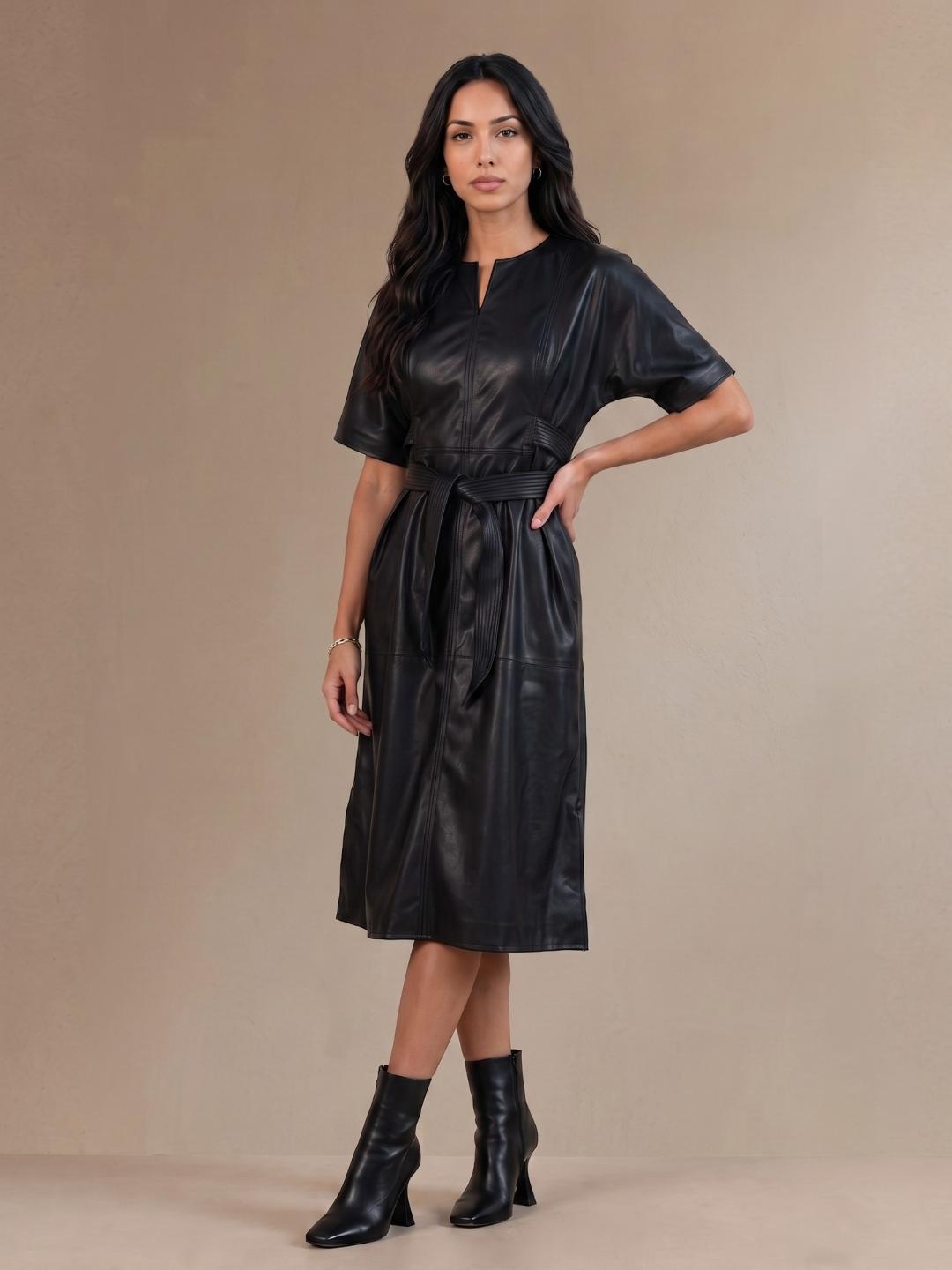Iconic Women Black Solid Straight Fit PU Leather Dress with Belt