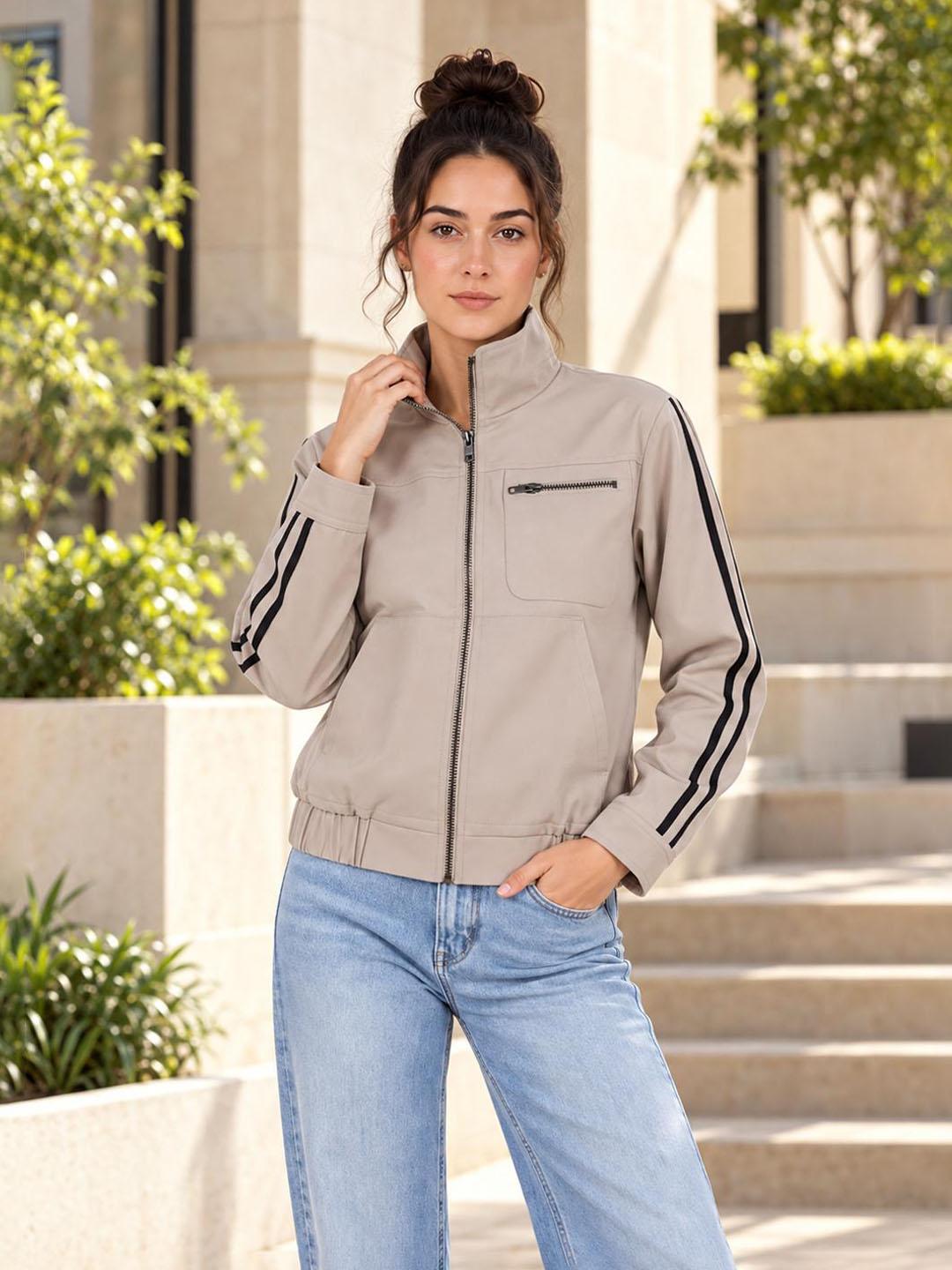 Iconic Women Beige Solid Regular Fit Bomber Jacket