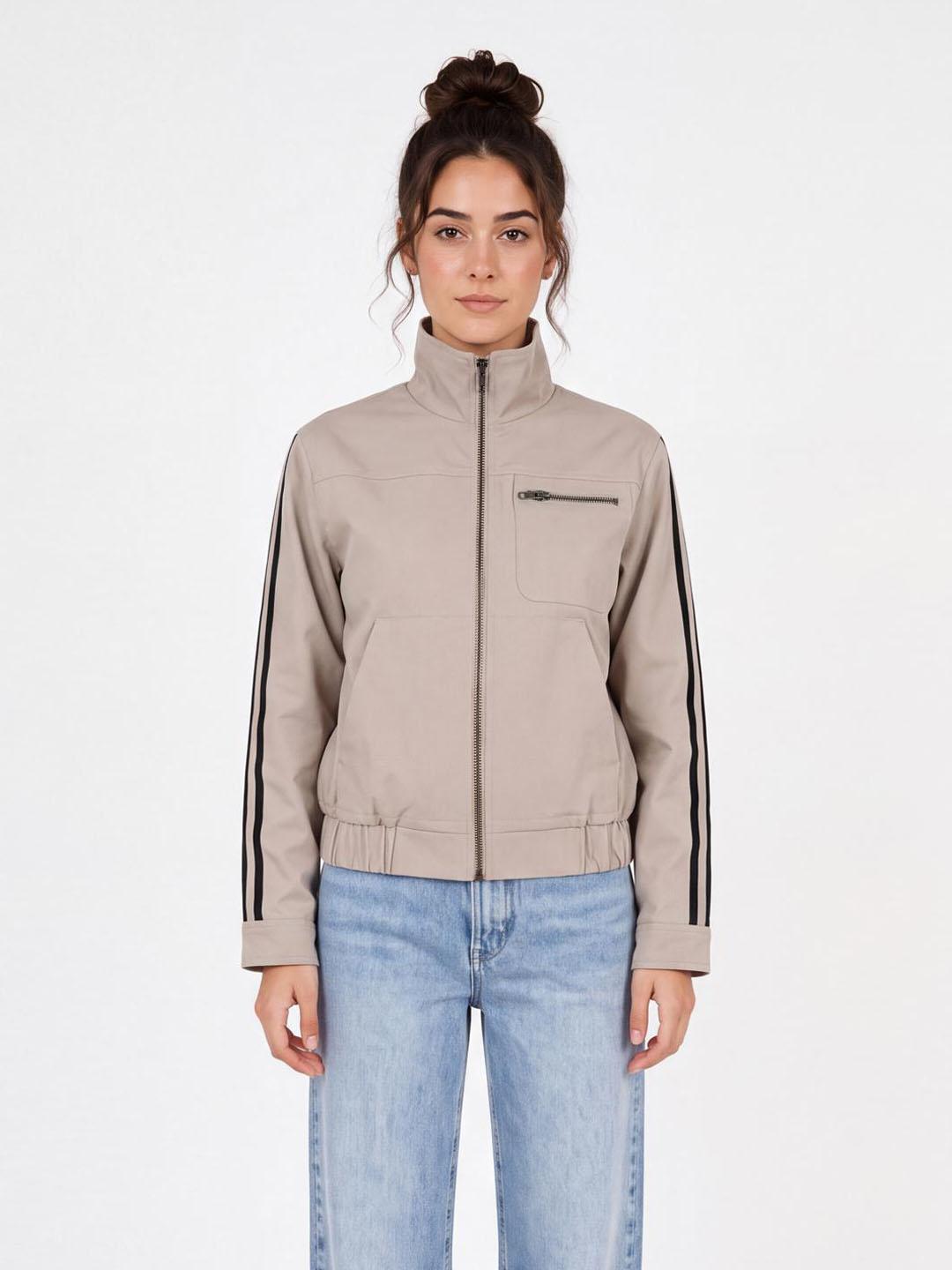 Iconic Women Beige Solid Regular Fit Bomber Jacket