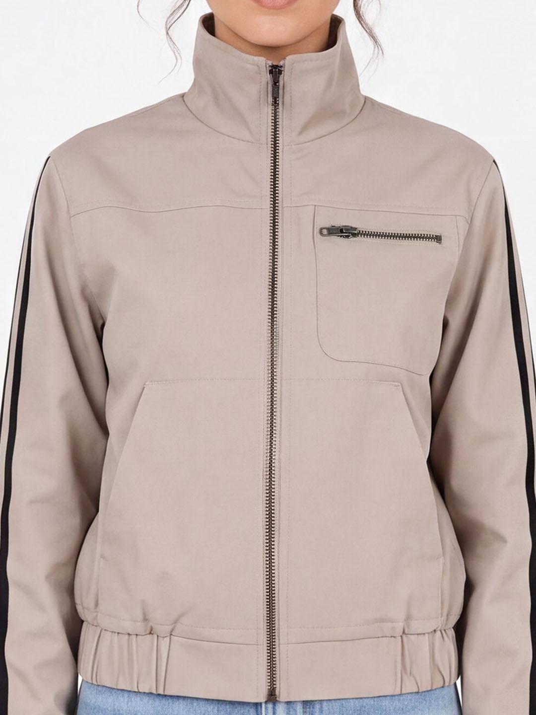 Iconic Women Beige Solid Regular Fit Bomber Jacket