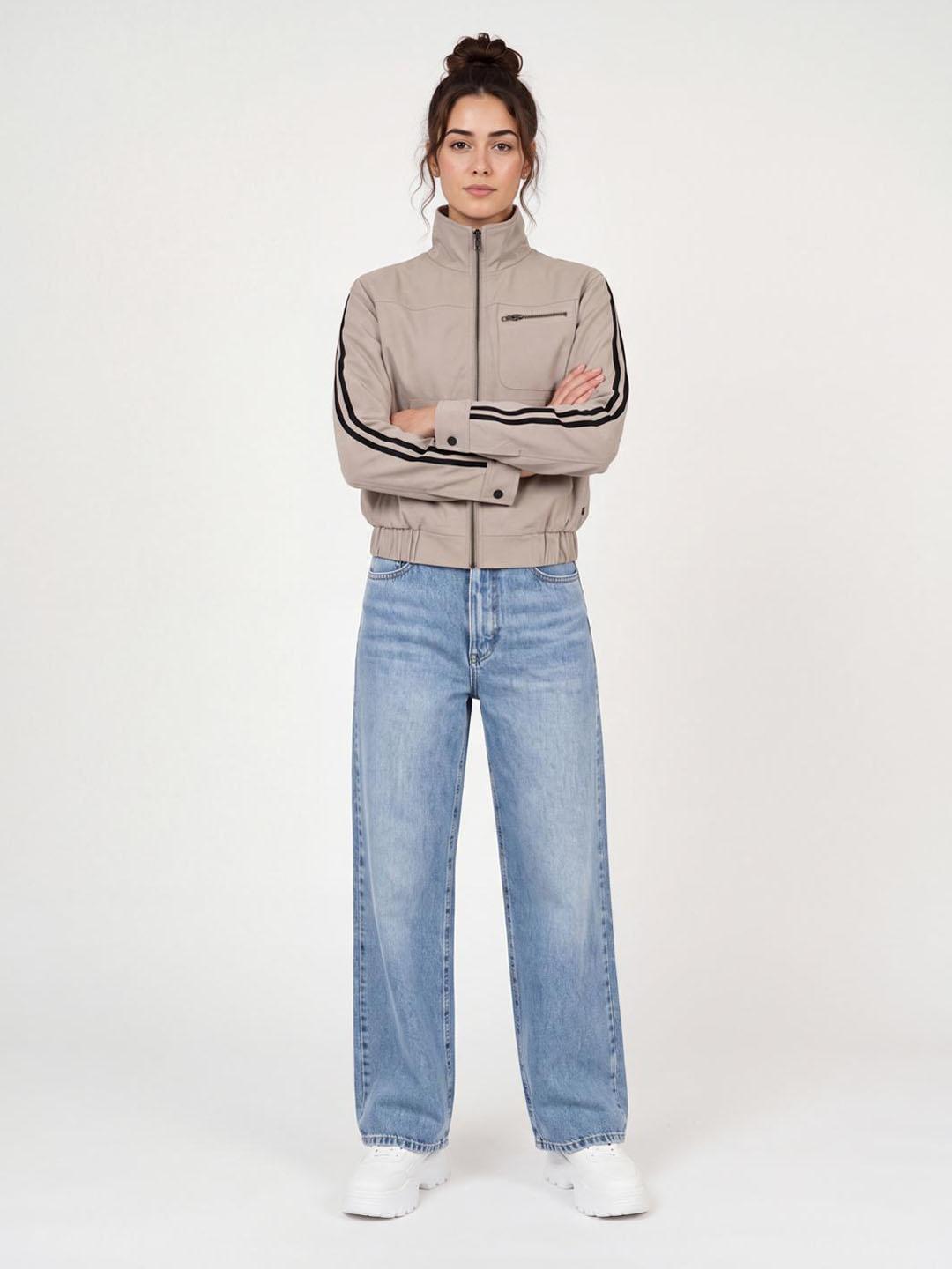 Iconic Women Beige Solid Regular Fit Bomber Jacket