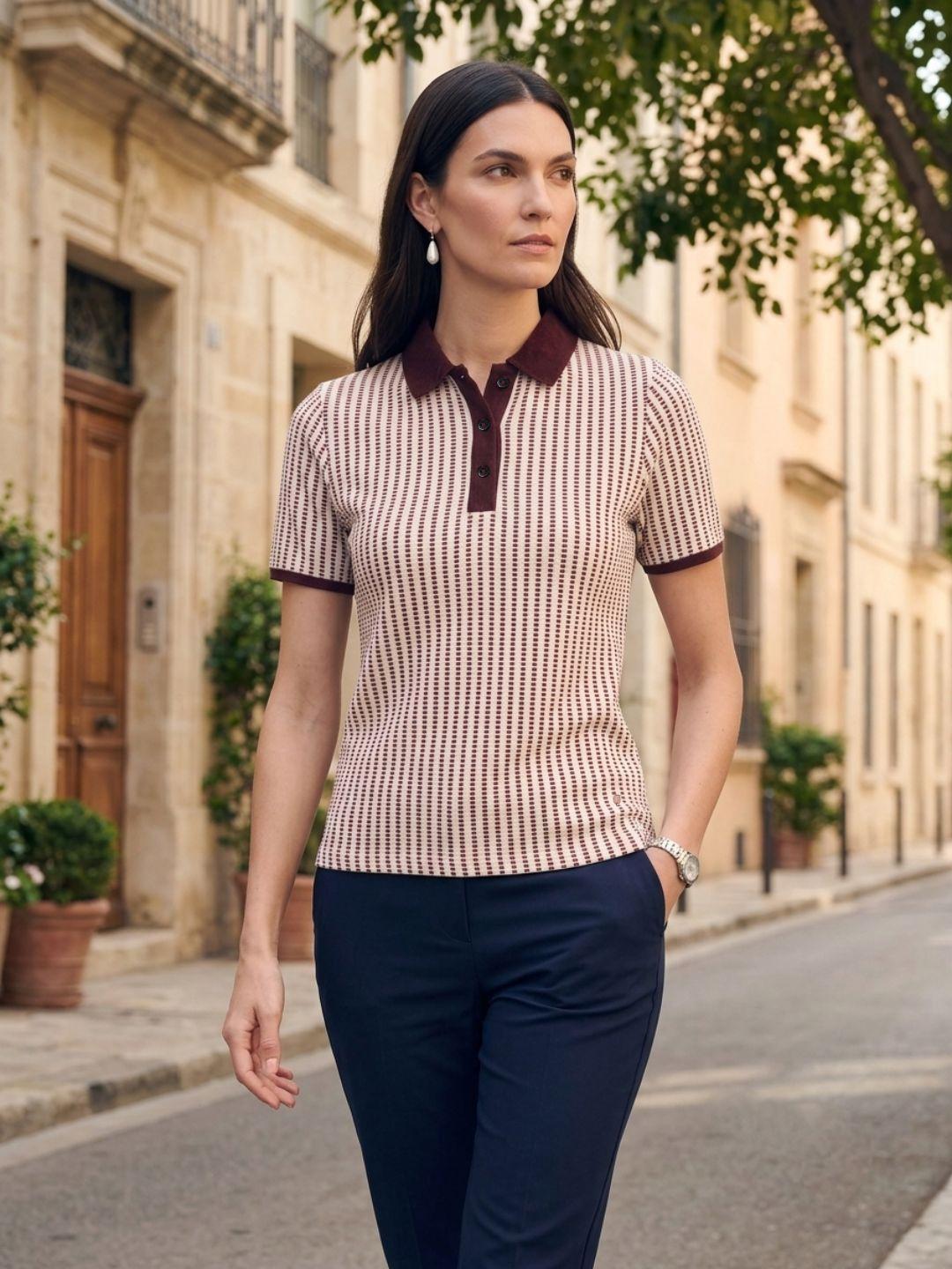 Iconic Women Cream Striped Regular Fit Polo T-Shirt