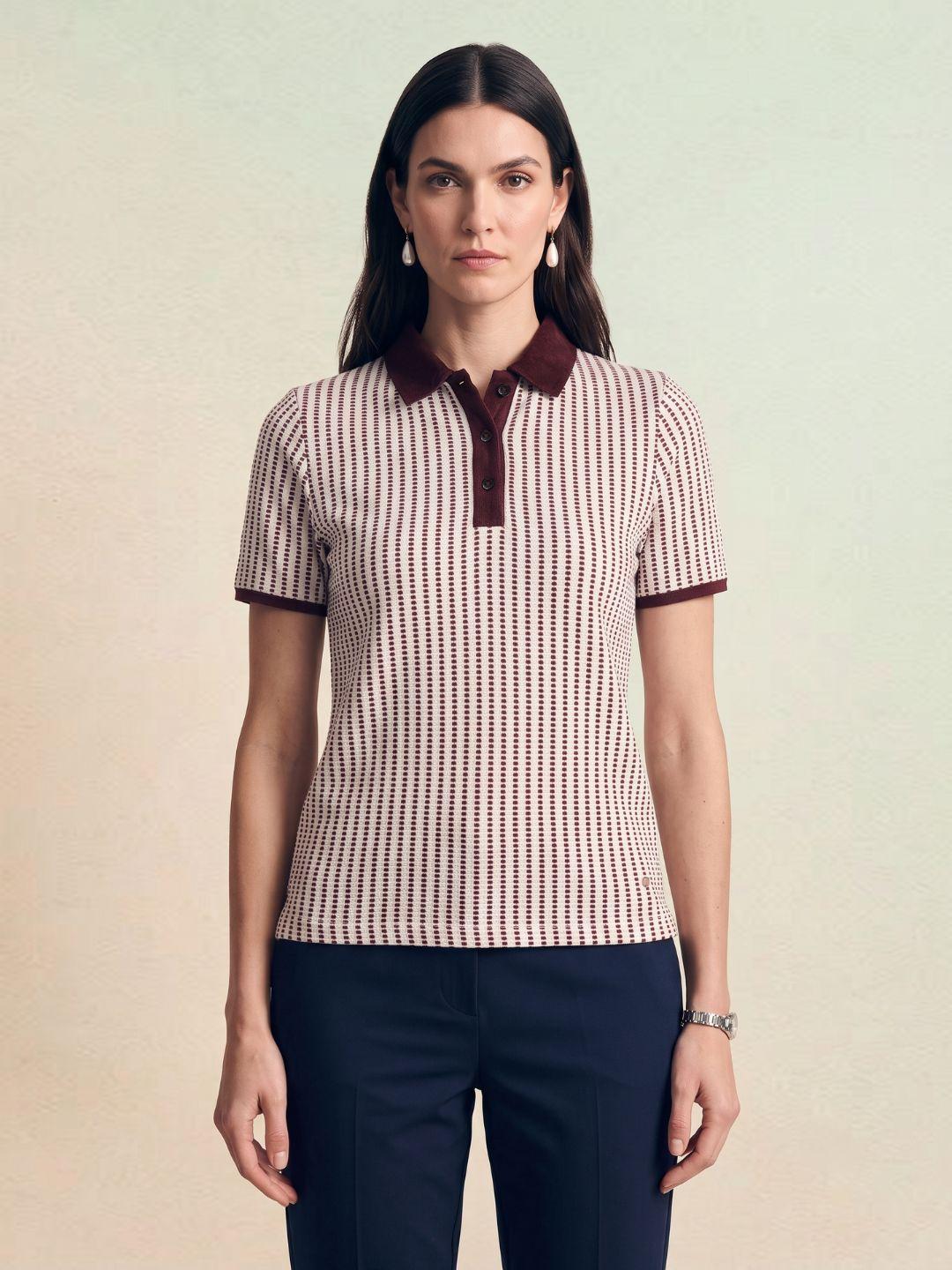 Iconic Women Cream Striped Regular Fit Polo T-Shirt