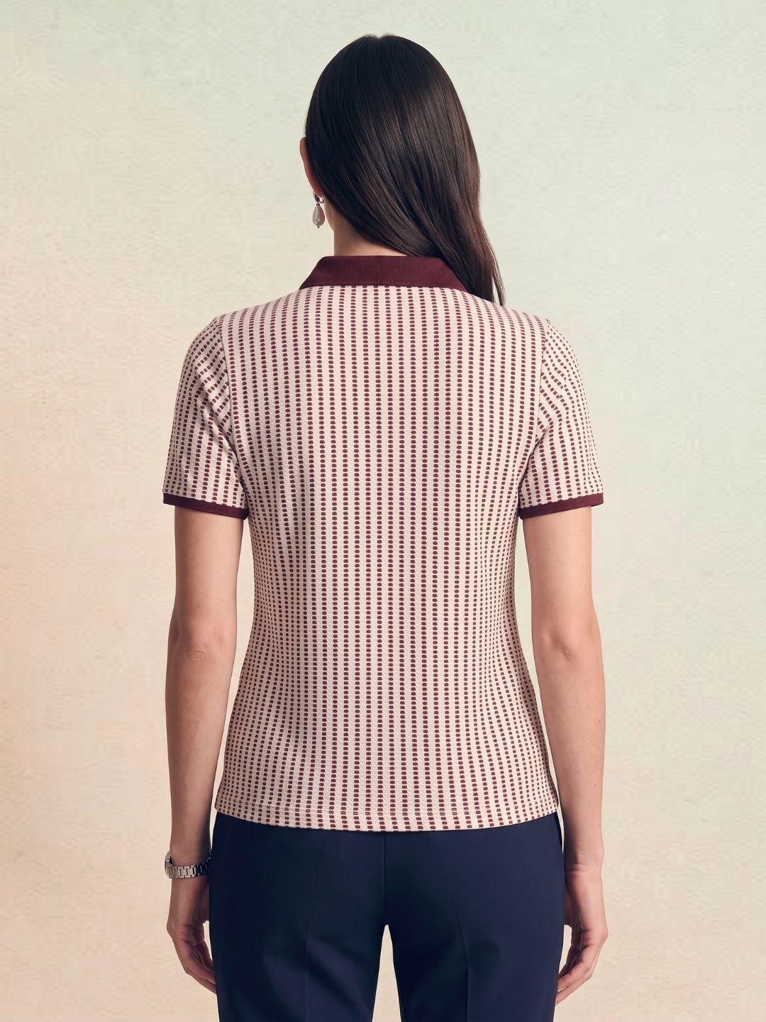 Iconic Women Cream Striped Regular Fit Polo T-Shirt