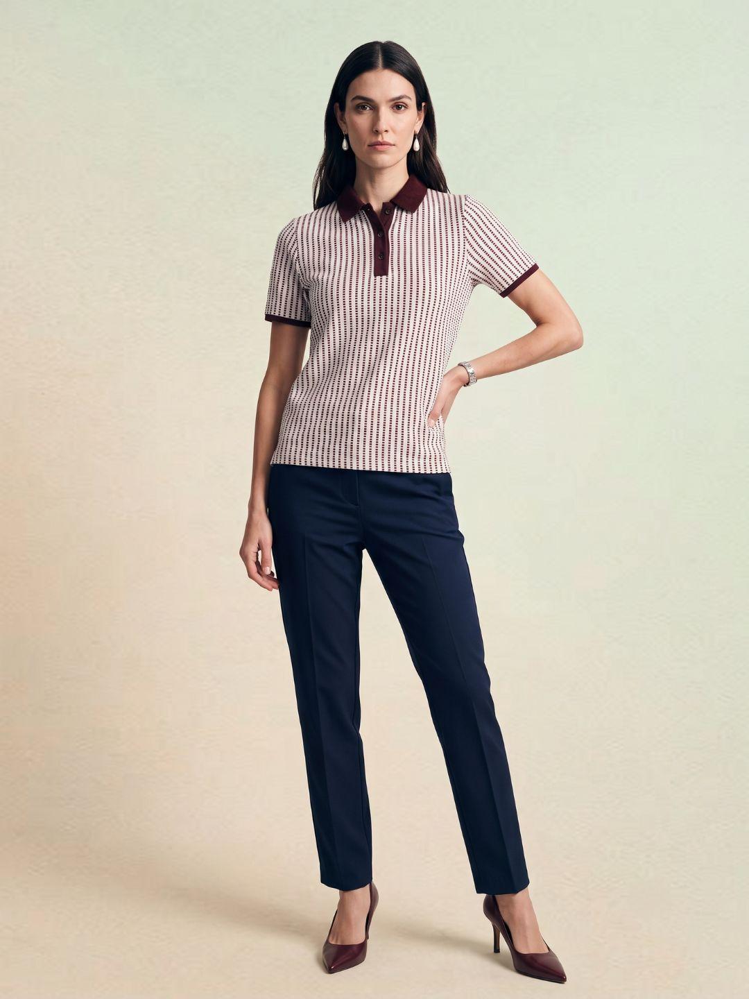 Iconic Women Cream Striped Regular Fit Polo T-Shirt