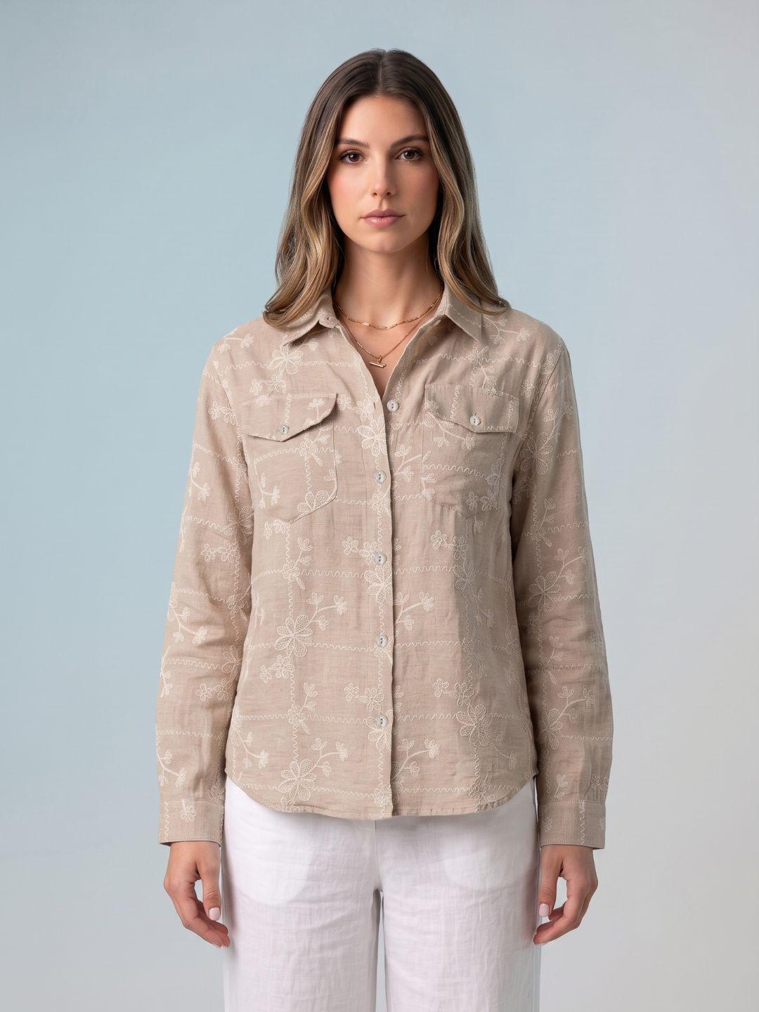 Iconic Women Brown Embroidered Oversized Shirt