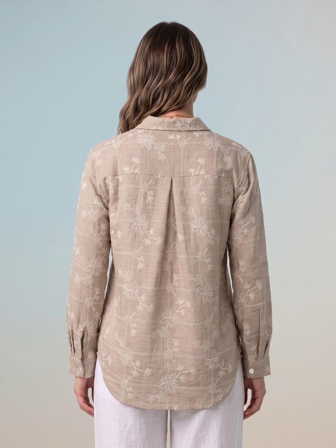 Iconic Women Brown Embroidered Oversized Shirt