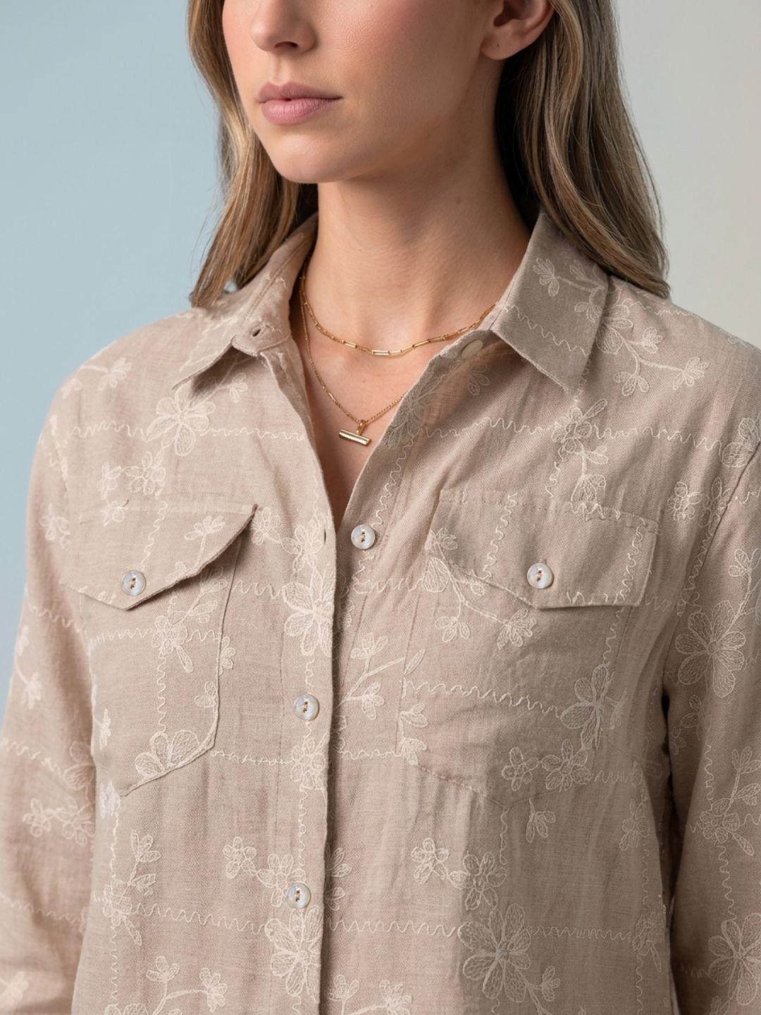 Iconic Women Brown Embroidered Oversized Shirt