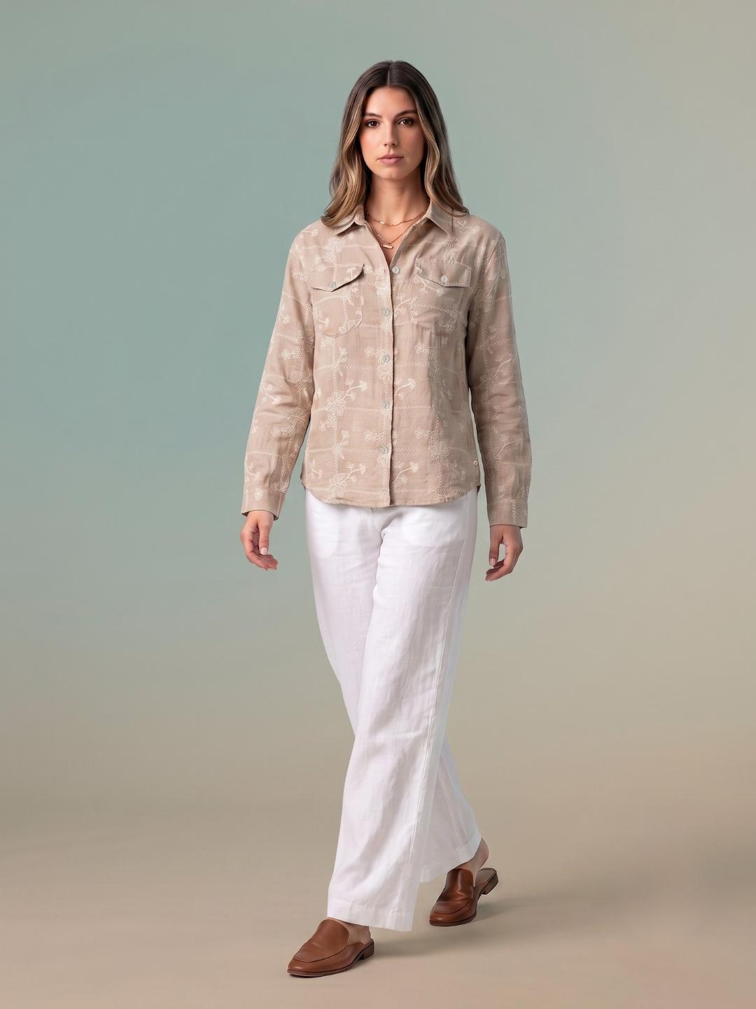 Iconic Women Brown Embroidered Oversized Shirt