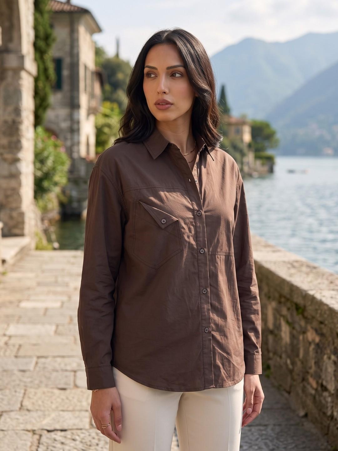 Iconic Women Brown Loose Fit Solid Cotton Shirt