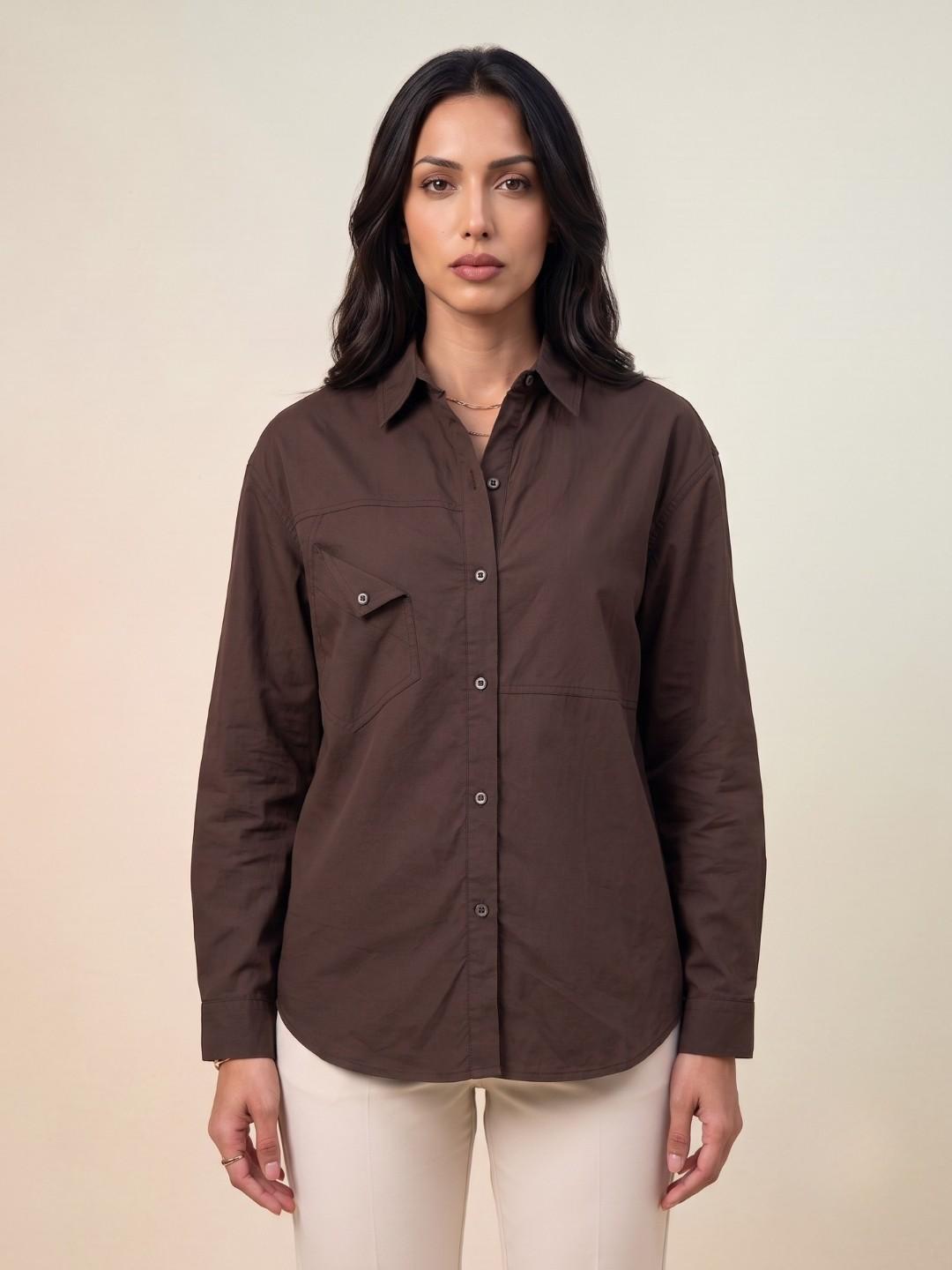 Iconic Women Brown Loose Fit Solid Cotton Shirt