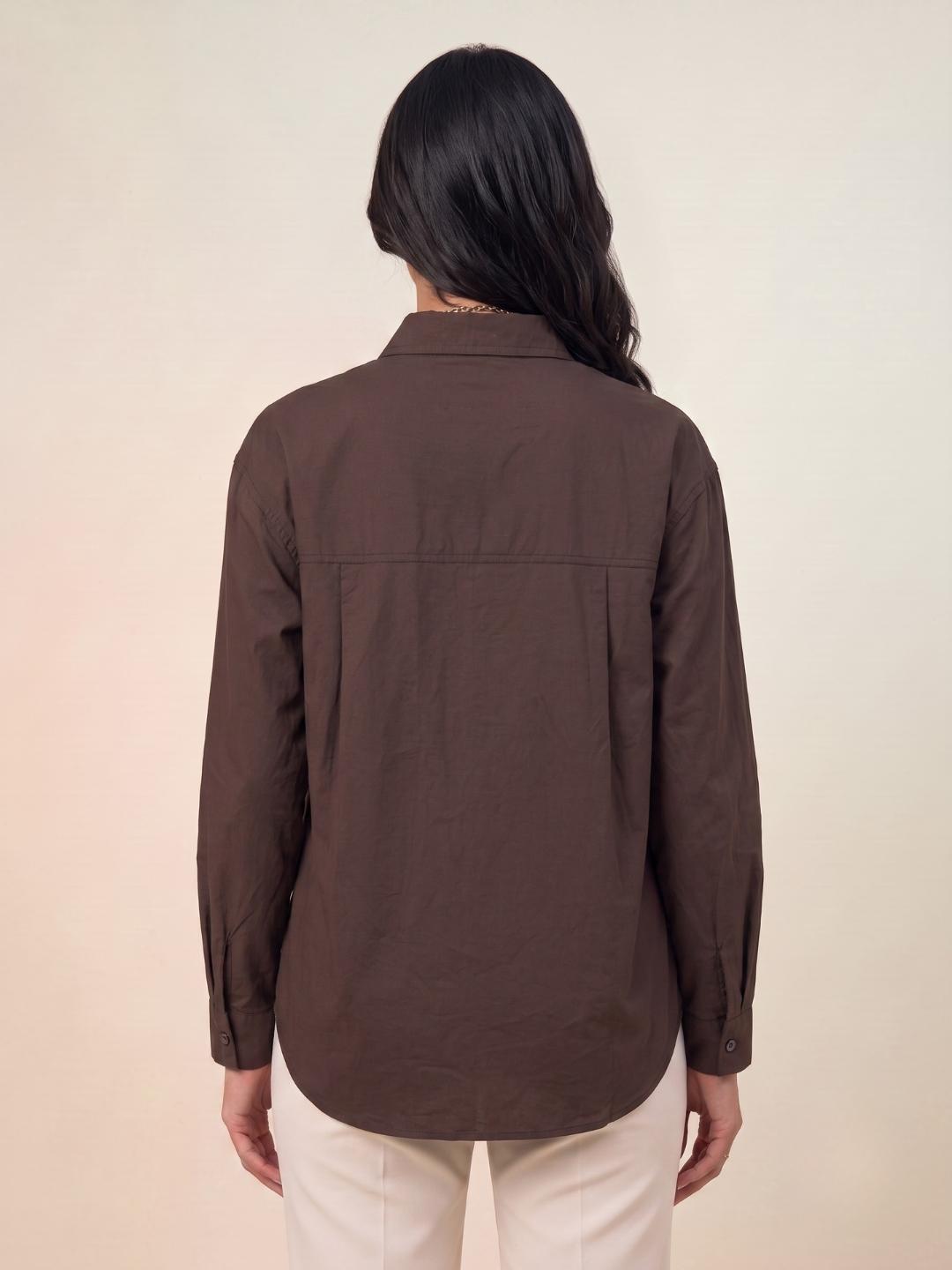 Iconic Women Brown Loose Fit Solid Cotton Shirt