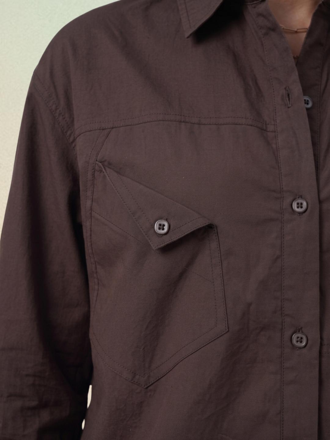 Iconic Women Brown Loose Fit Solid Cotton Shirt