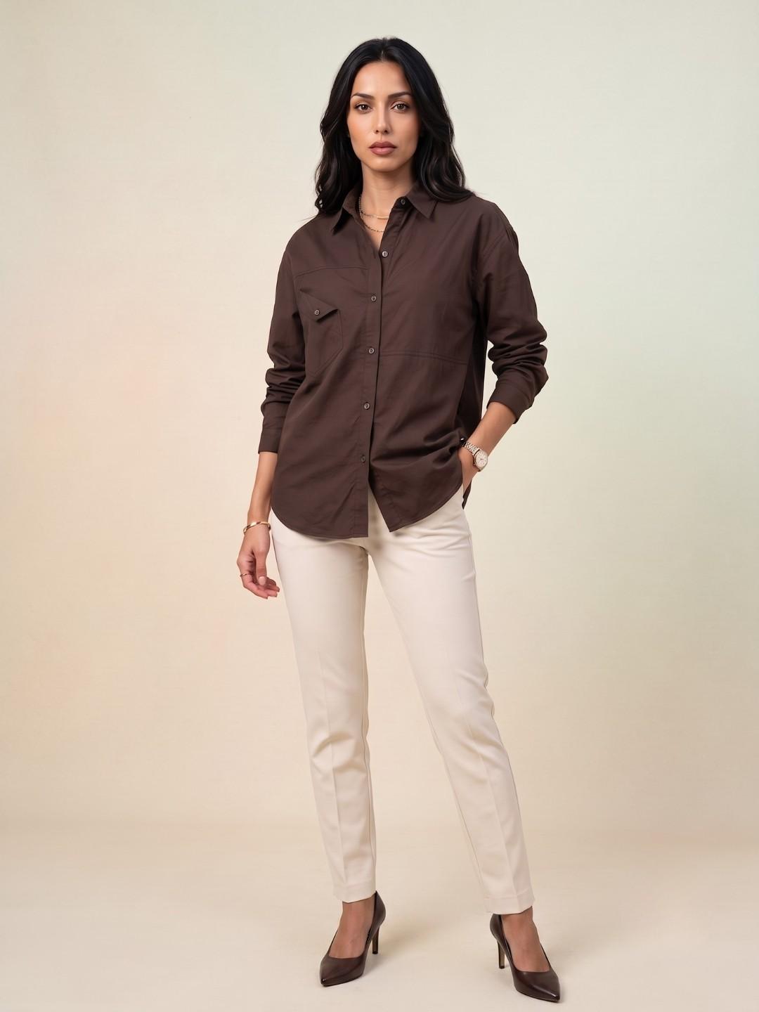 Iconic Women Brown Loose Fit Solid Cotton Shirt