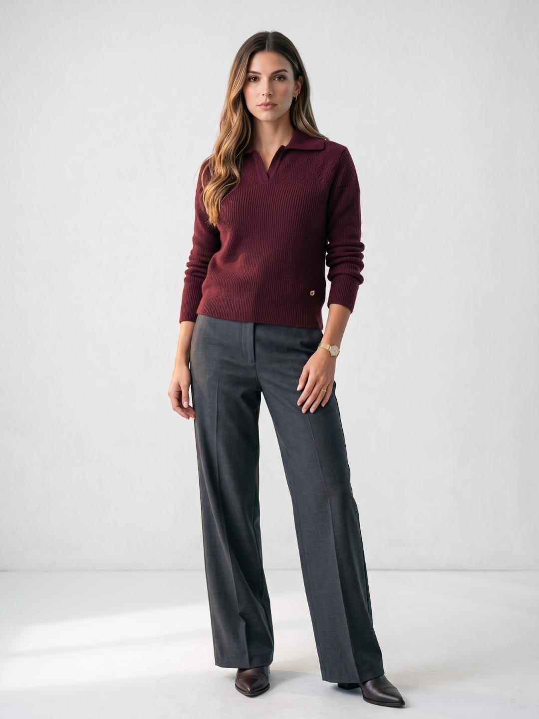 Iconic Women Wine Textured Regular Fit Sweater