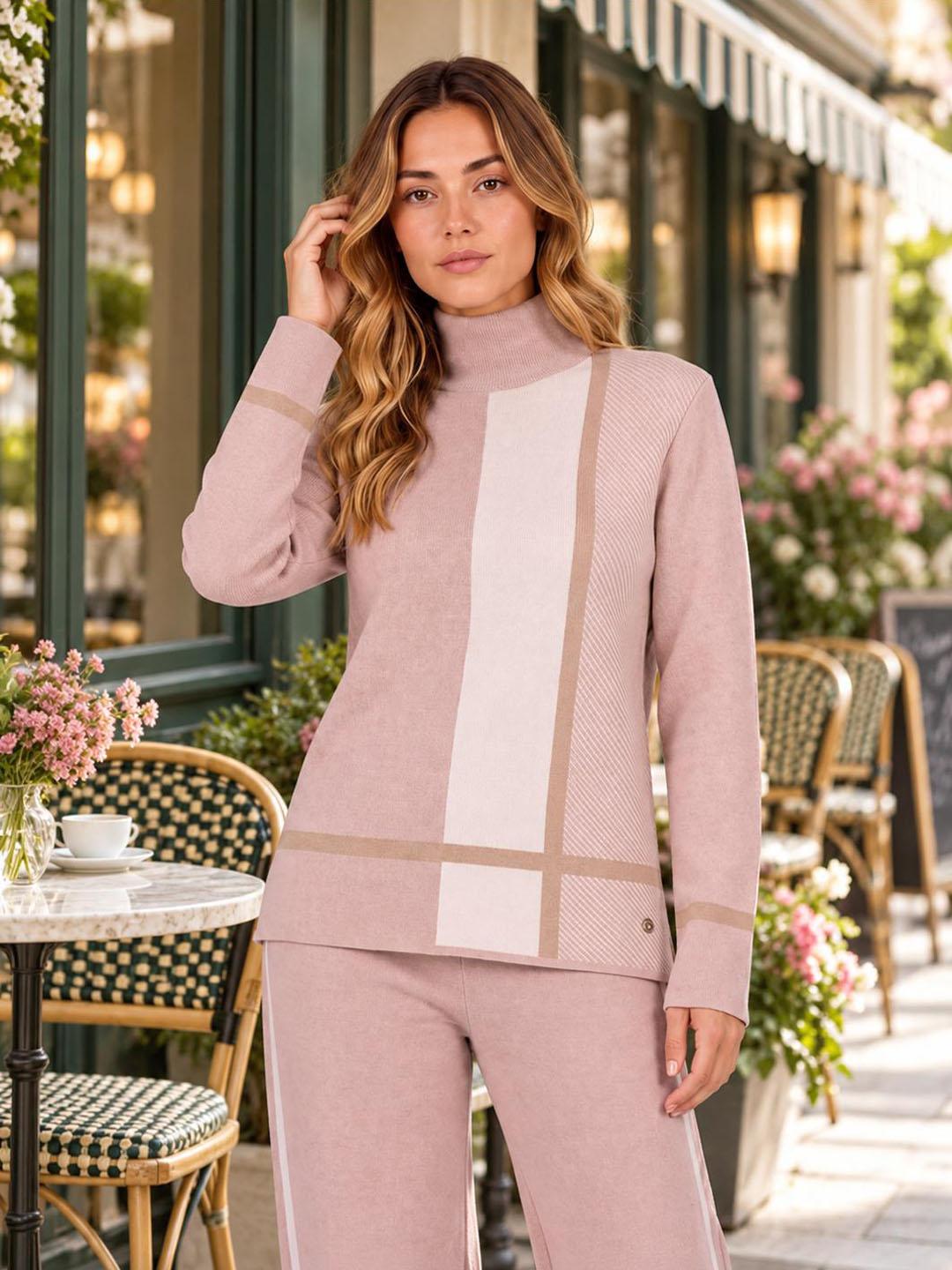 Iconic Women Pink Color Block Regular Fit Sweater