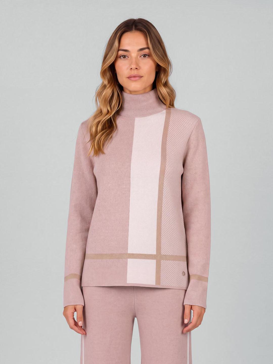 Iconic Women Pink Color Block Regular Fit Sweater