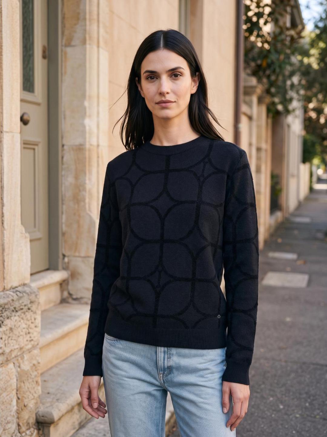 Iconic Women Black Geometric Regular Fit Sweater