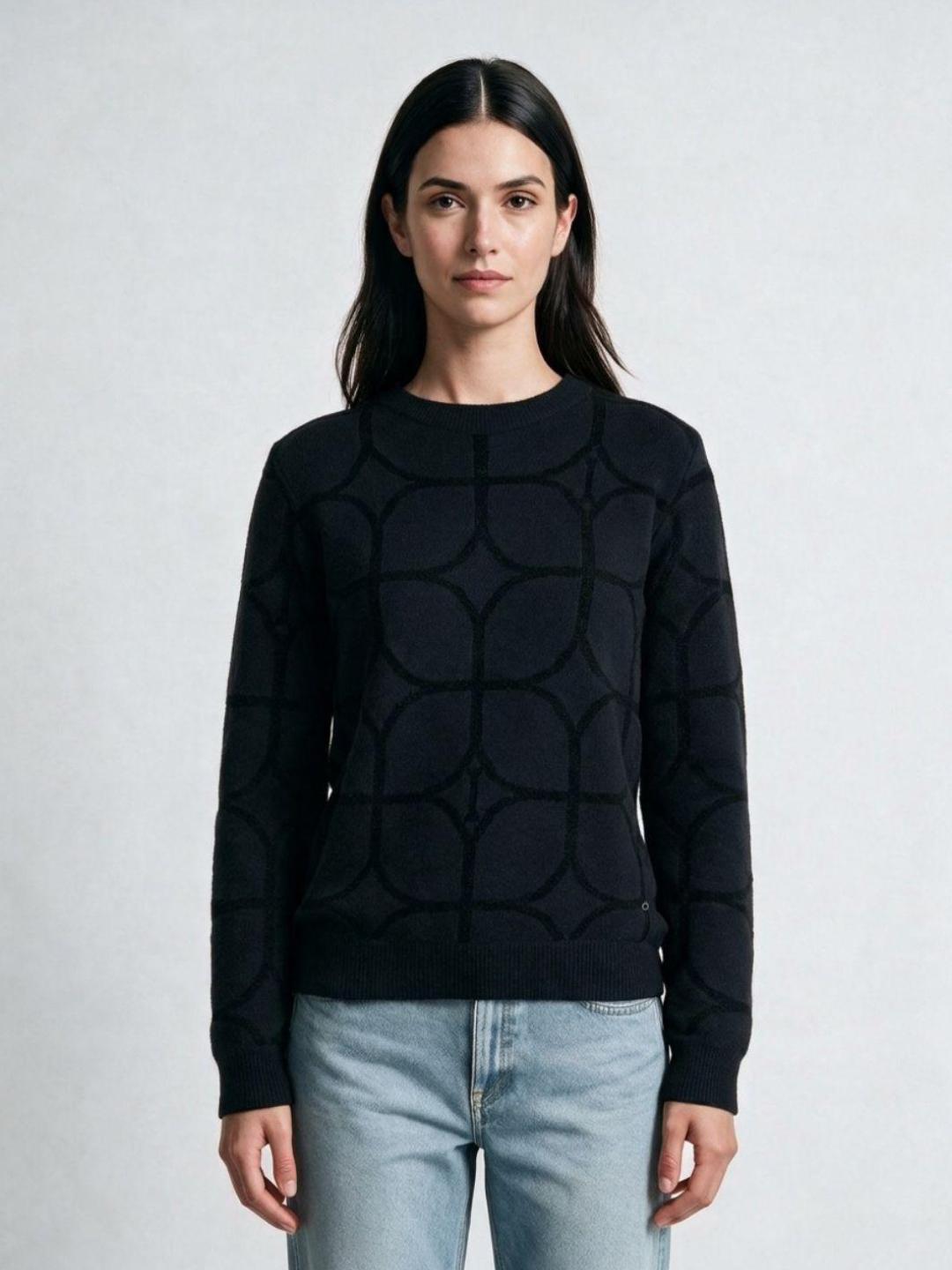 Iconic Women Black Geometric Regular Fit Sweater
