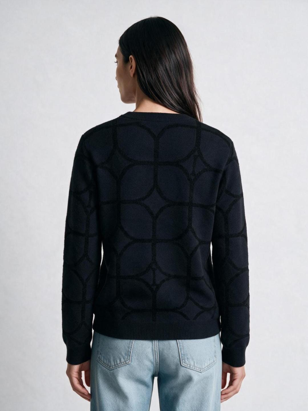 Iconic Women Black Geometric Regular Fit Sweater
