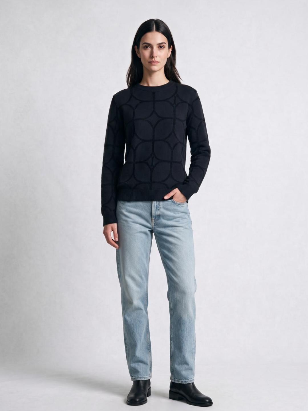 Iconic Women Black Geometric Regular Fit Sweater