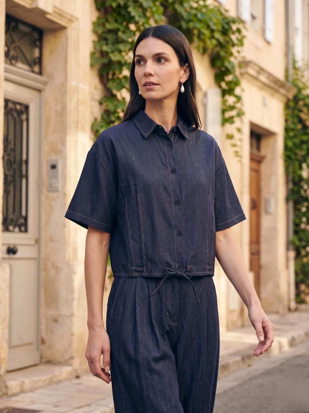 Iconic Women Dark Navy Solid Straight Fit Denim Shirt