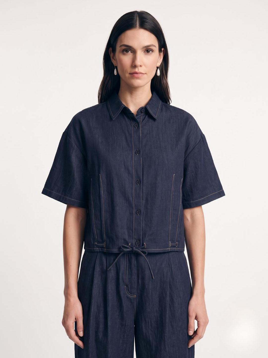 Iconic Women Dark Navy Solid Straight Fit Denim Shirt