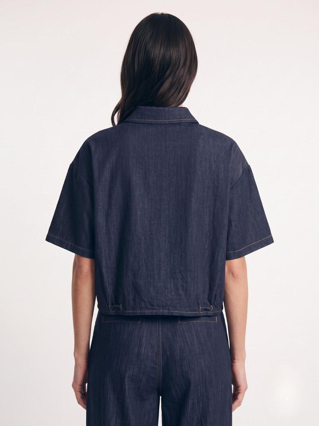 Iconic Women Dark Navy Solid Straight Fit Denim Shirt
