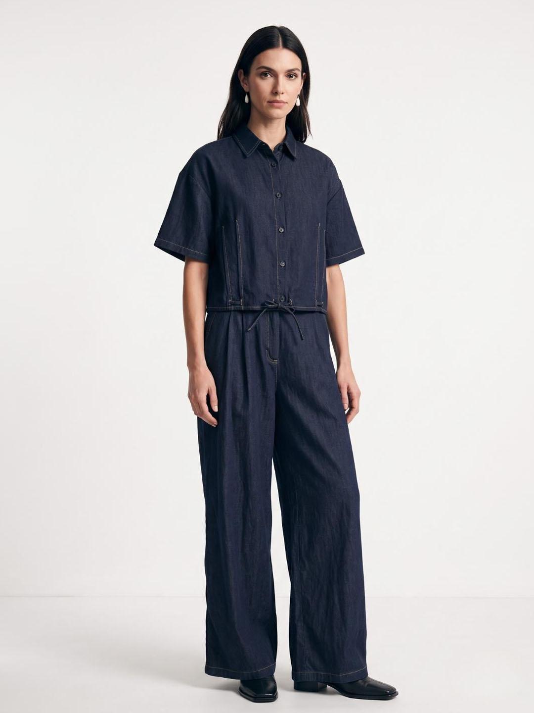 Iconic Women Dark Navy Solid Straight Fit Denim Shirt