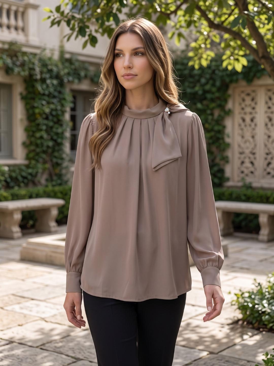 Iconic Women Brown Solid Straight Fit Tie Neck Top
