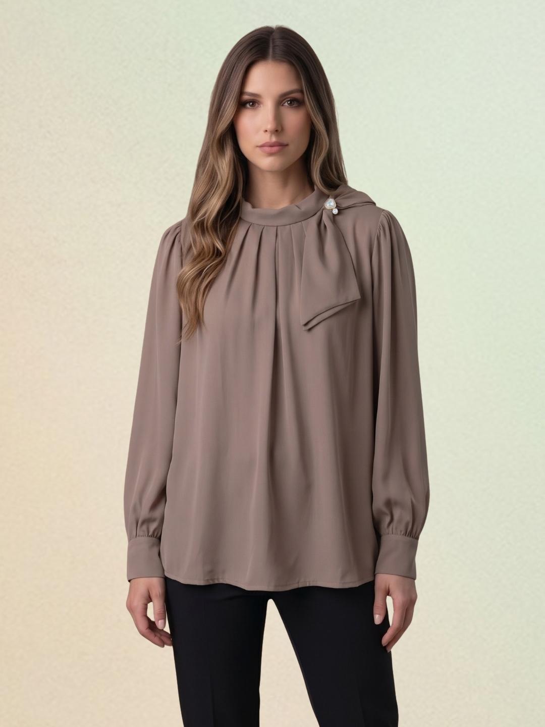 Iconic Women Brown Solid Straight Fit Tie Neck Top