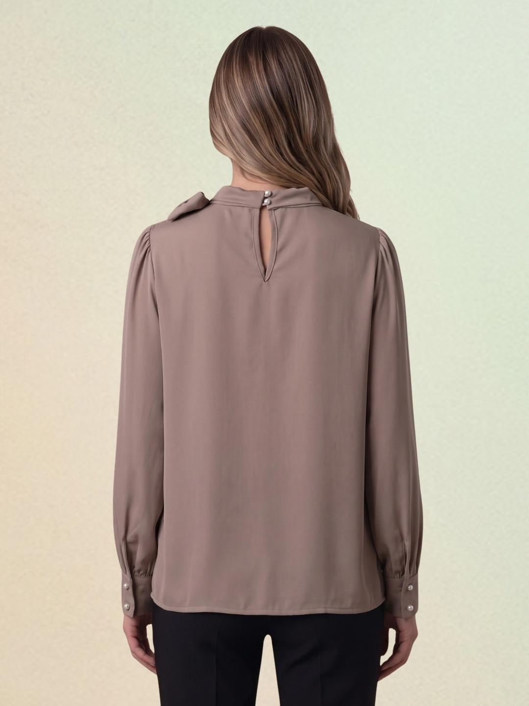 Iconic Women Brown Solid Straight Fit Tie Neck Top