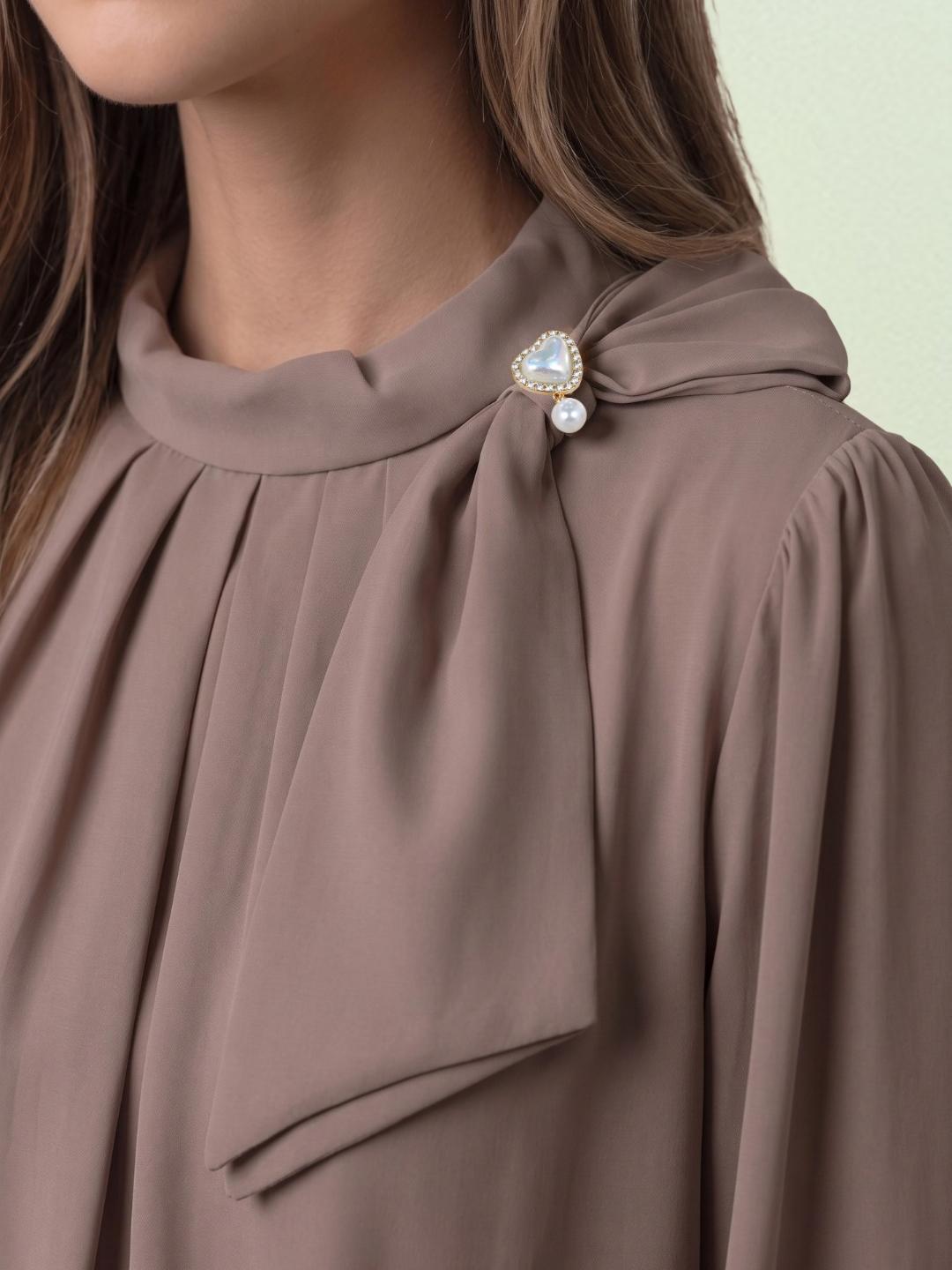 Iconic Women Brown Solid Straight Fit Tie Neck Top