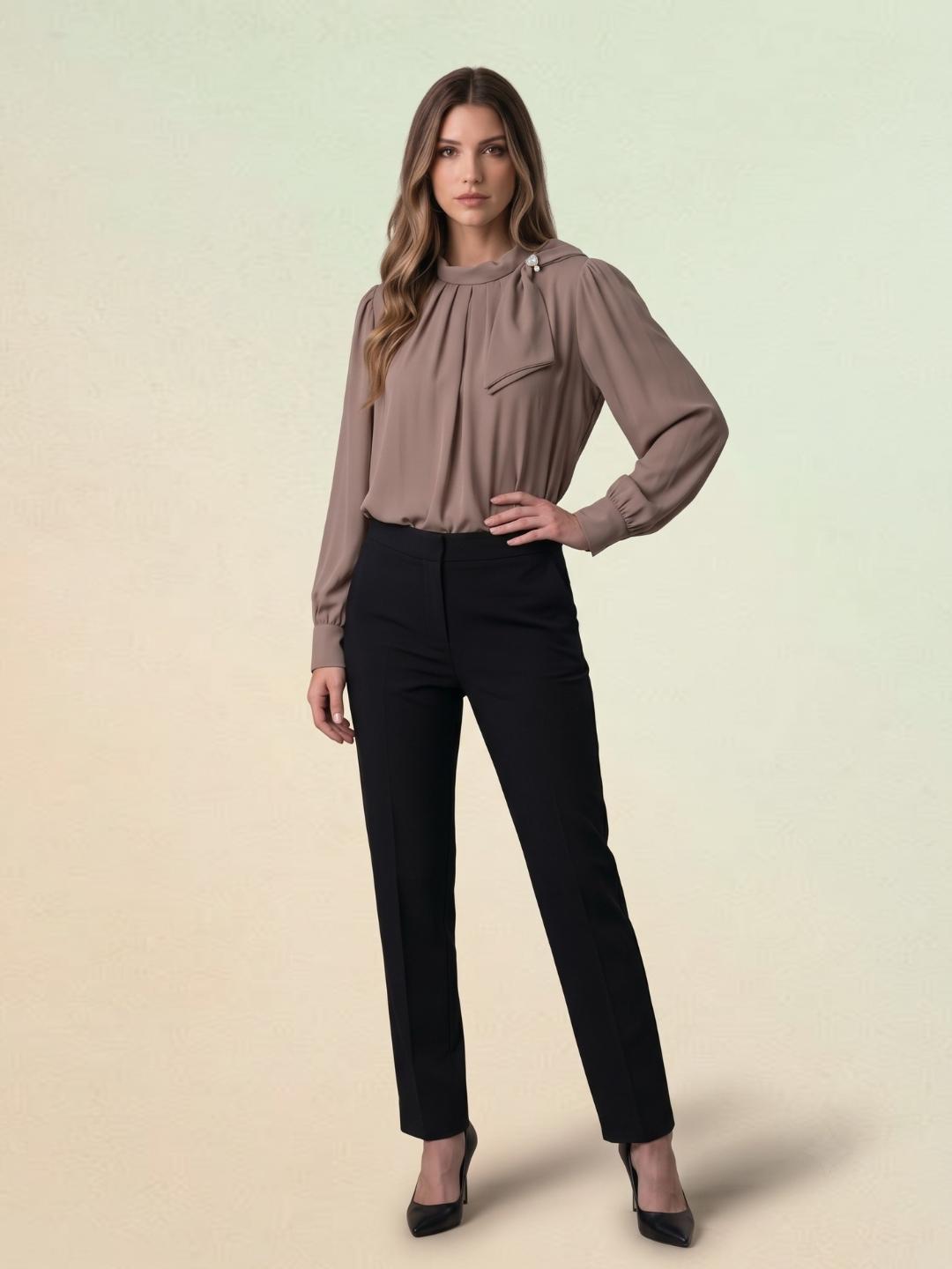 Iconic Women Brown Solid Straight Fit Tie Neck Top