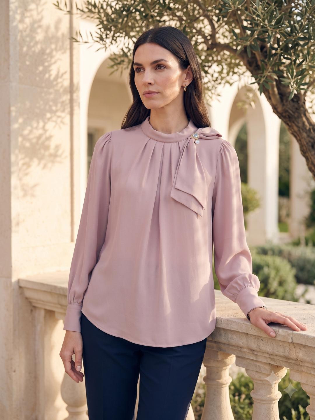 Iconic Women Dusty Pink Solid Straight Fit Tie Neck Top