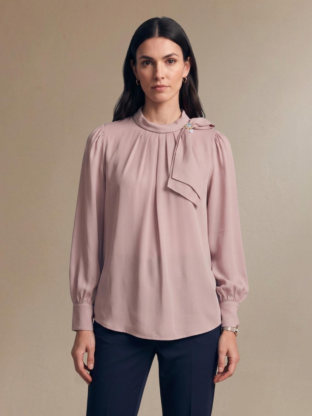 Iconic Women Dusty Pink Solid Straight Fit Tie Neck Top