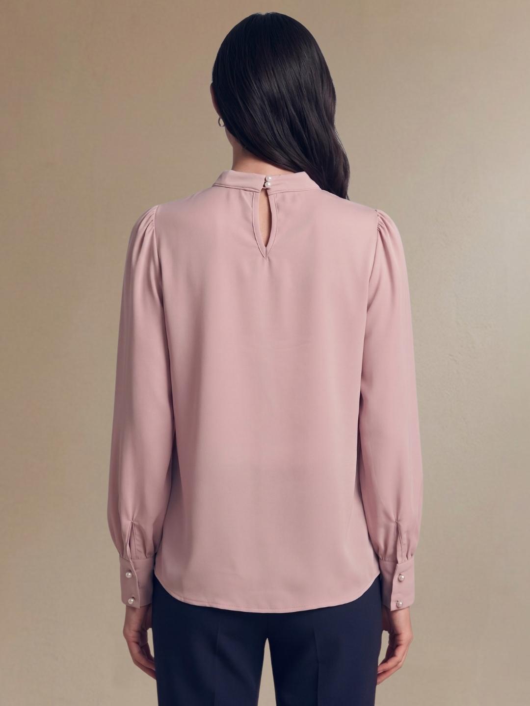 Iconic Women Dusty Pink Solid Straight Fit Tie Neck Top