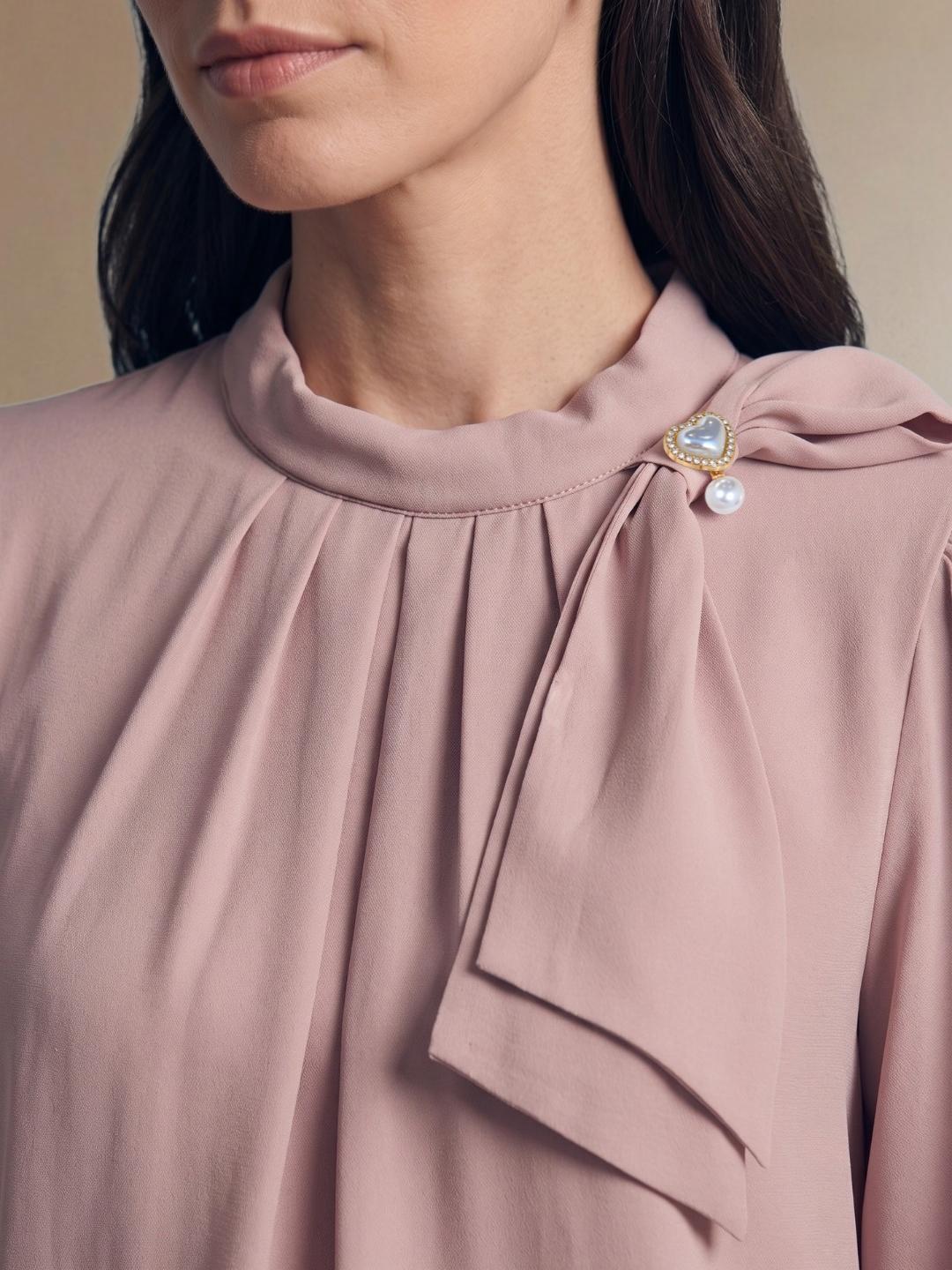 Iconic Women Dusty Pink Solid Straight Fit Tie Neck Top