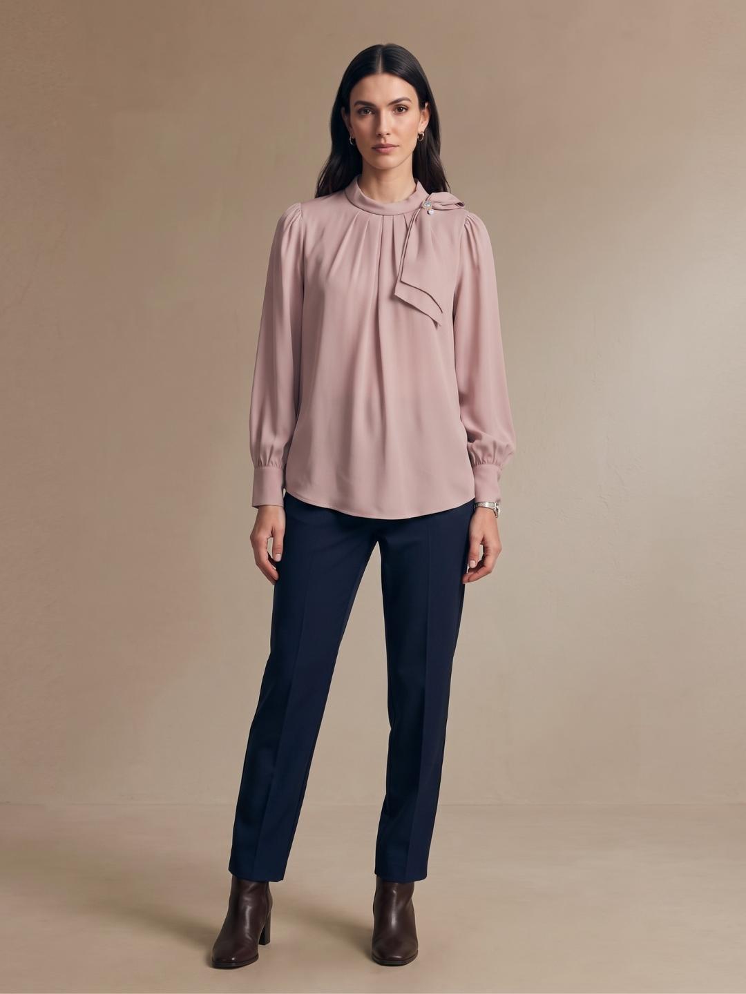 Iconic Women Dusty Pink Solid Straight Fit Tie Neck Top