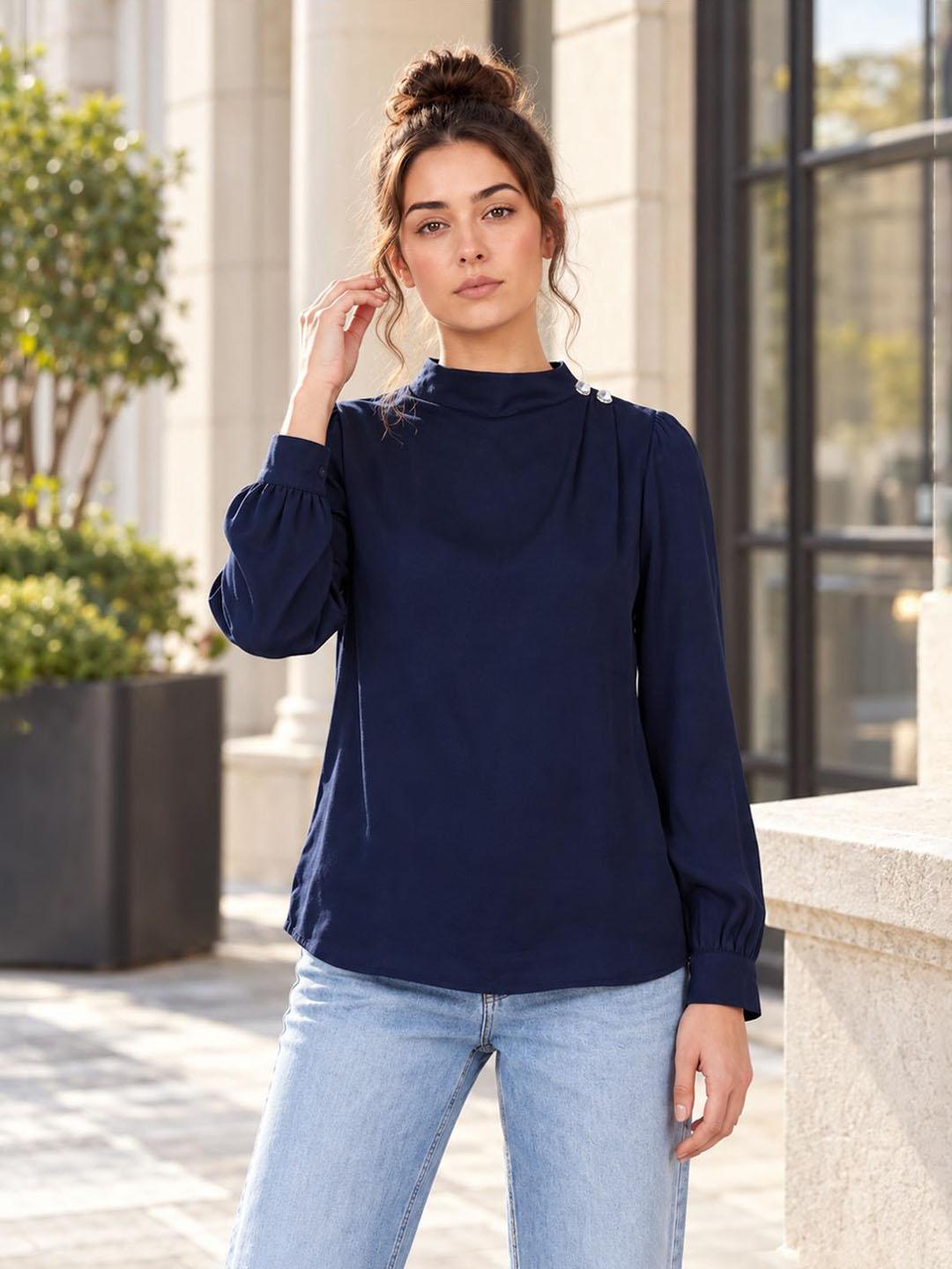 Iconic Women Dark Navy Solid Straight Fit Top