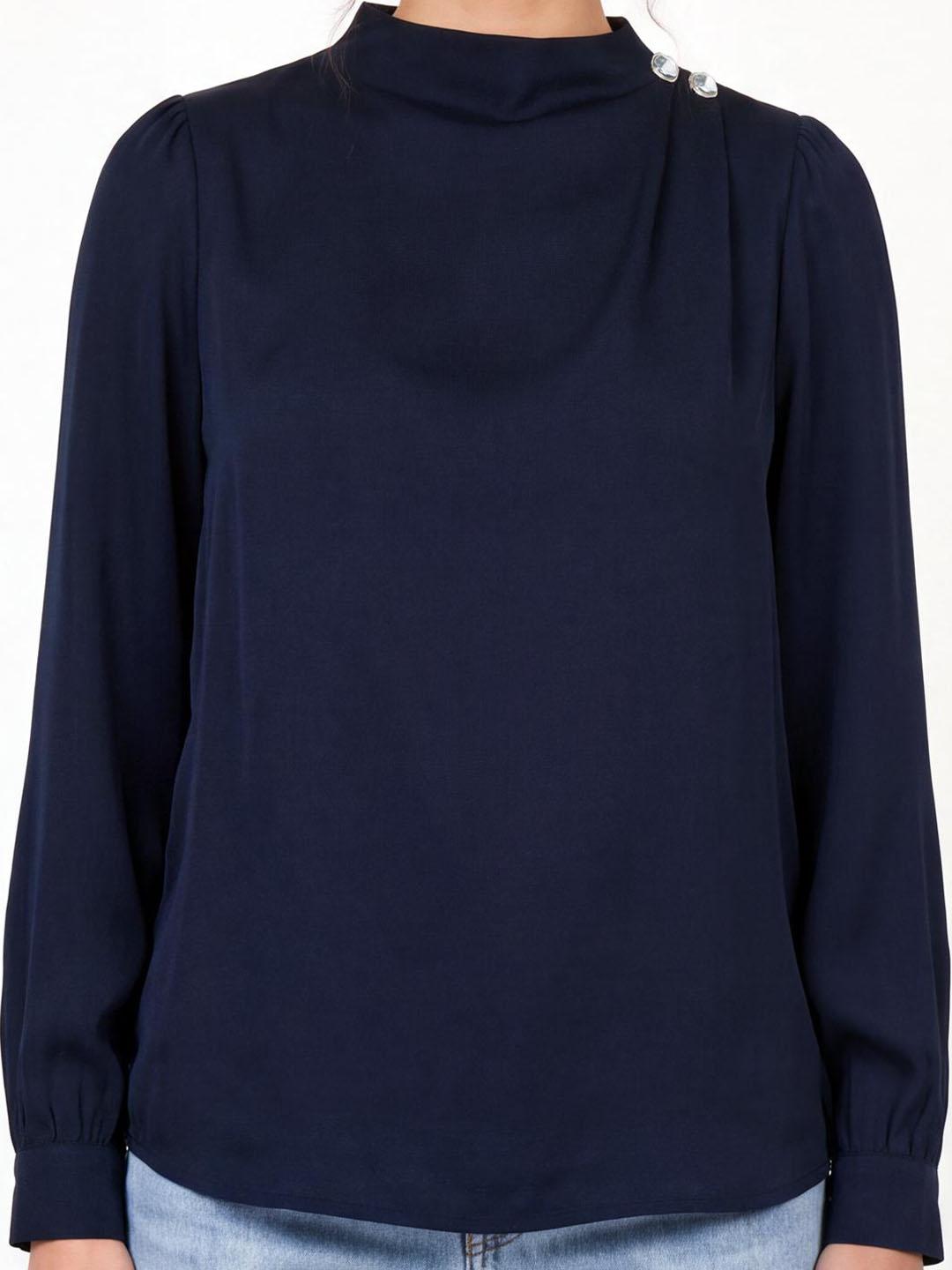 Iconic Women Dark Navy Solid Straight Fit Top