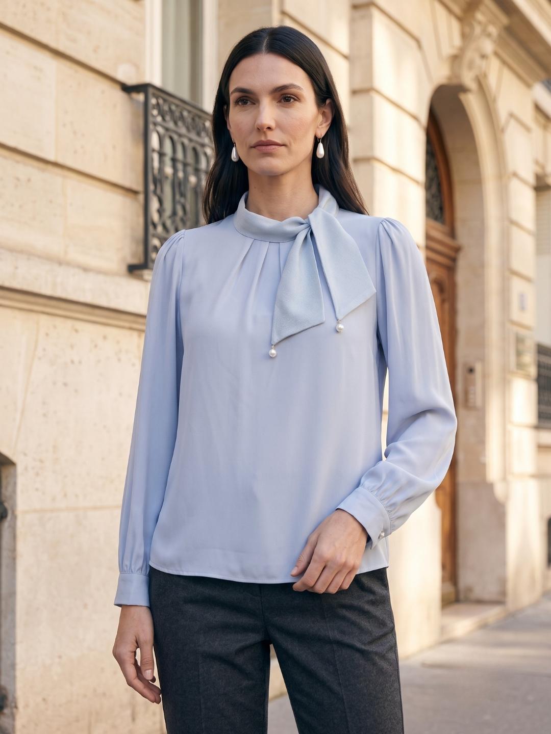 Iconic Women Light Blue Solid Straight Fit Puff Sleeve Top