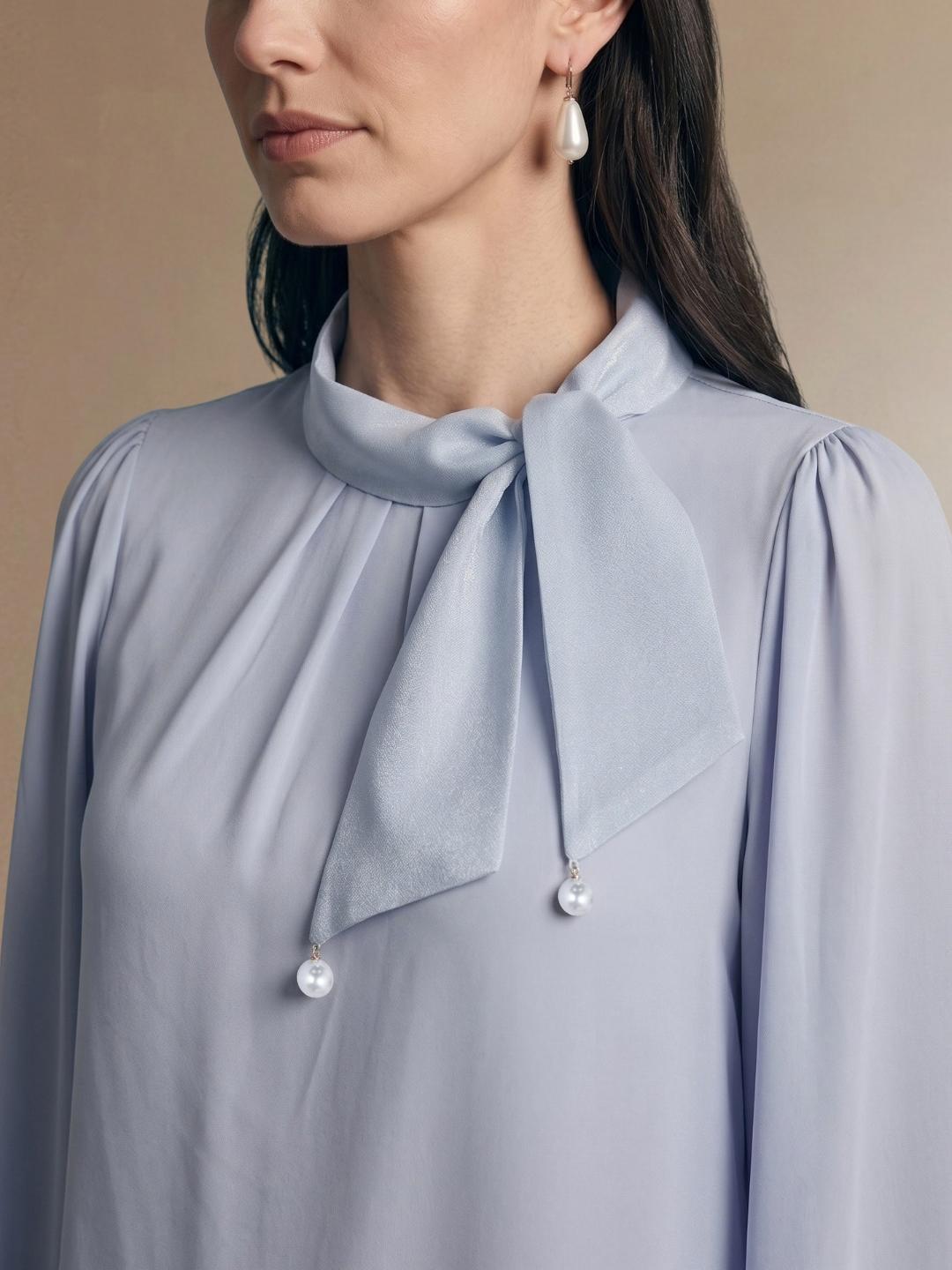 Iconic Women Light Blue Solid Straight Fit Puff Sleeve Top