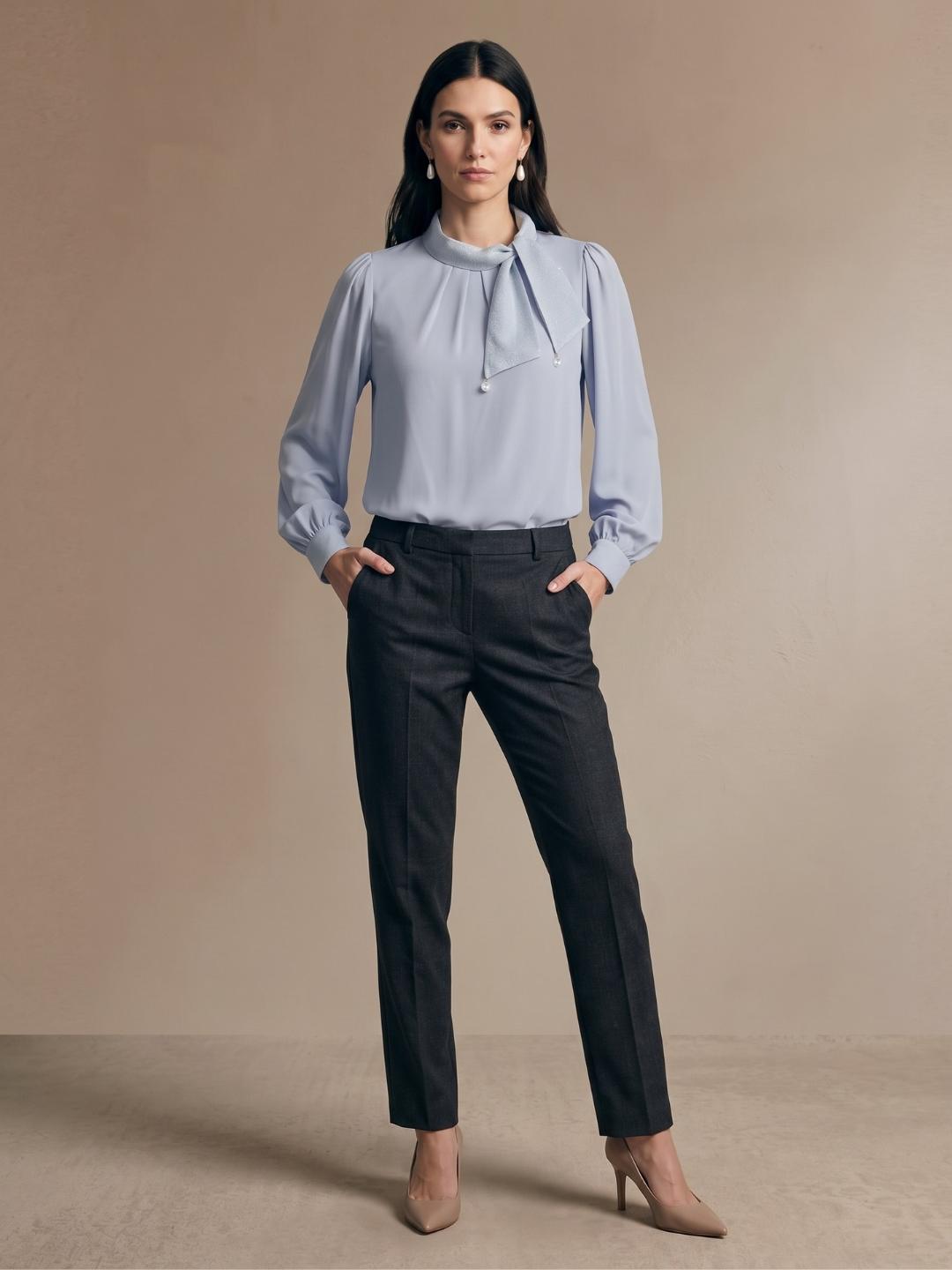 Iconic Women Light Blue Solid Straight Fit Puff Sleeve Top