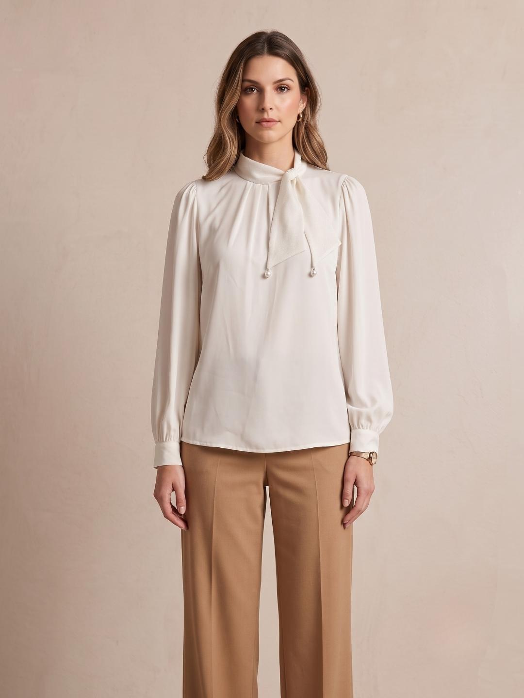Iconic Women Off White Solid Straight Fit Cotton Top